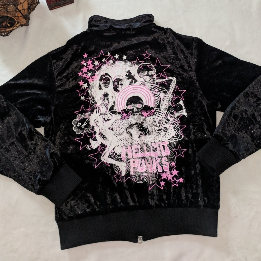 Hell Cat Punks Black Velour Zip Up Jacket Rare M